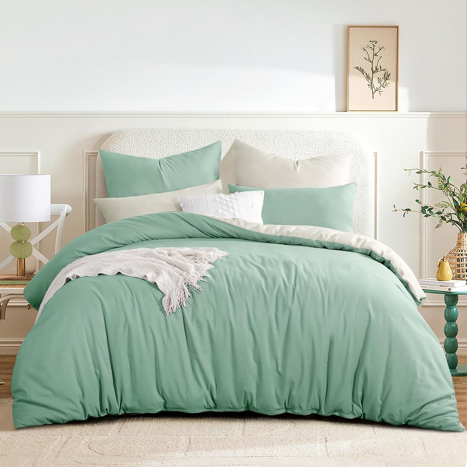 Sage Green King Size Duvet Cover Sets Beige - Reversible Green Duvet Cover Kingsize Bedding Set with Zip, Soft Brushed Microfibre King Bed Duvet Set Quilt Cover with 2 Pillowcases