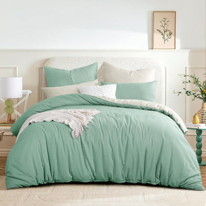 Sage Green King Size Duvet Cover Sets Beige - Reversible Green Duvet Cover Kingsize Bedding Set with Zip, Soft Brushed Microfibre King Bed Duvet Set Quilt Cover with 2 Pillowcases