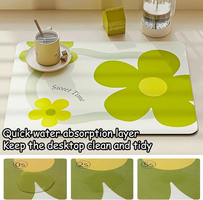 2 Self Drying Mat Set for Kitchen Counter, Coffee Machine, Dish Rack - Flower