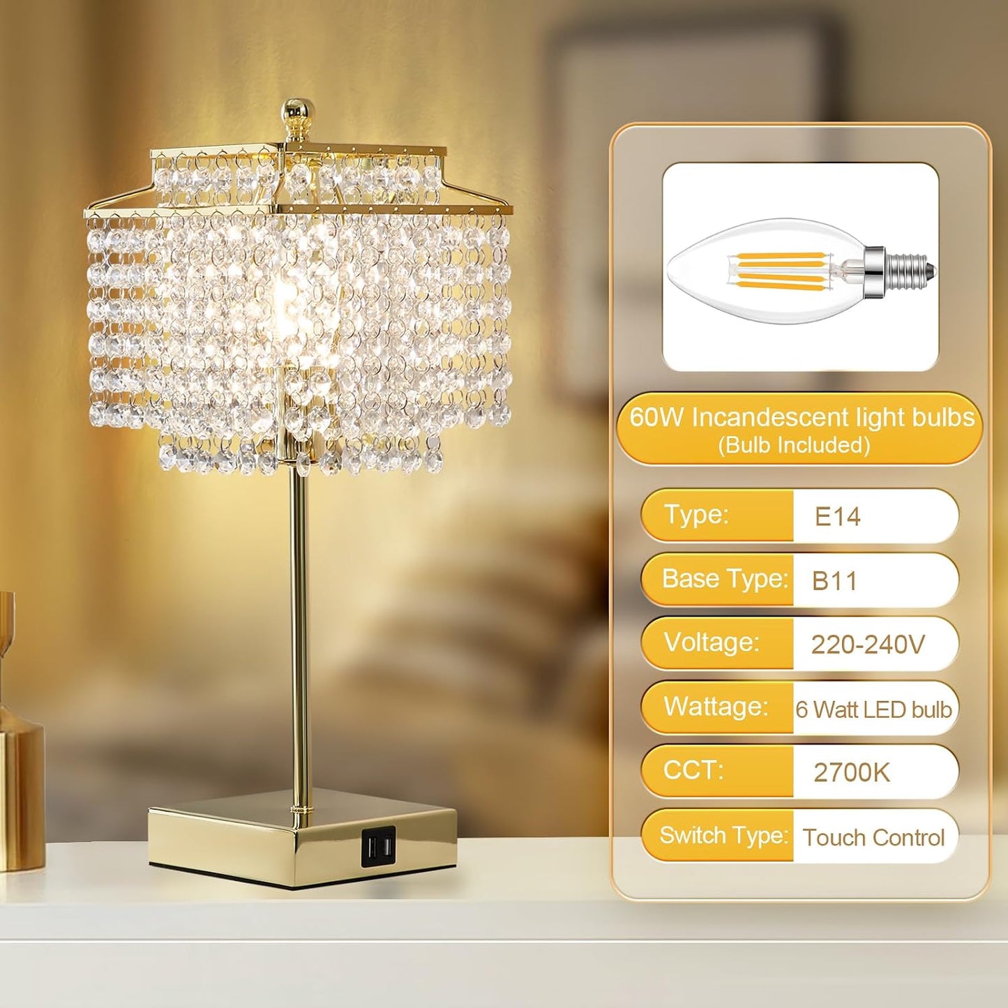 Crystal Table Lamp with USB C+A Ports for Nightstand Bedroom Living 
