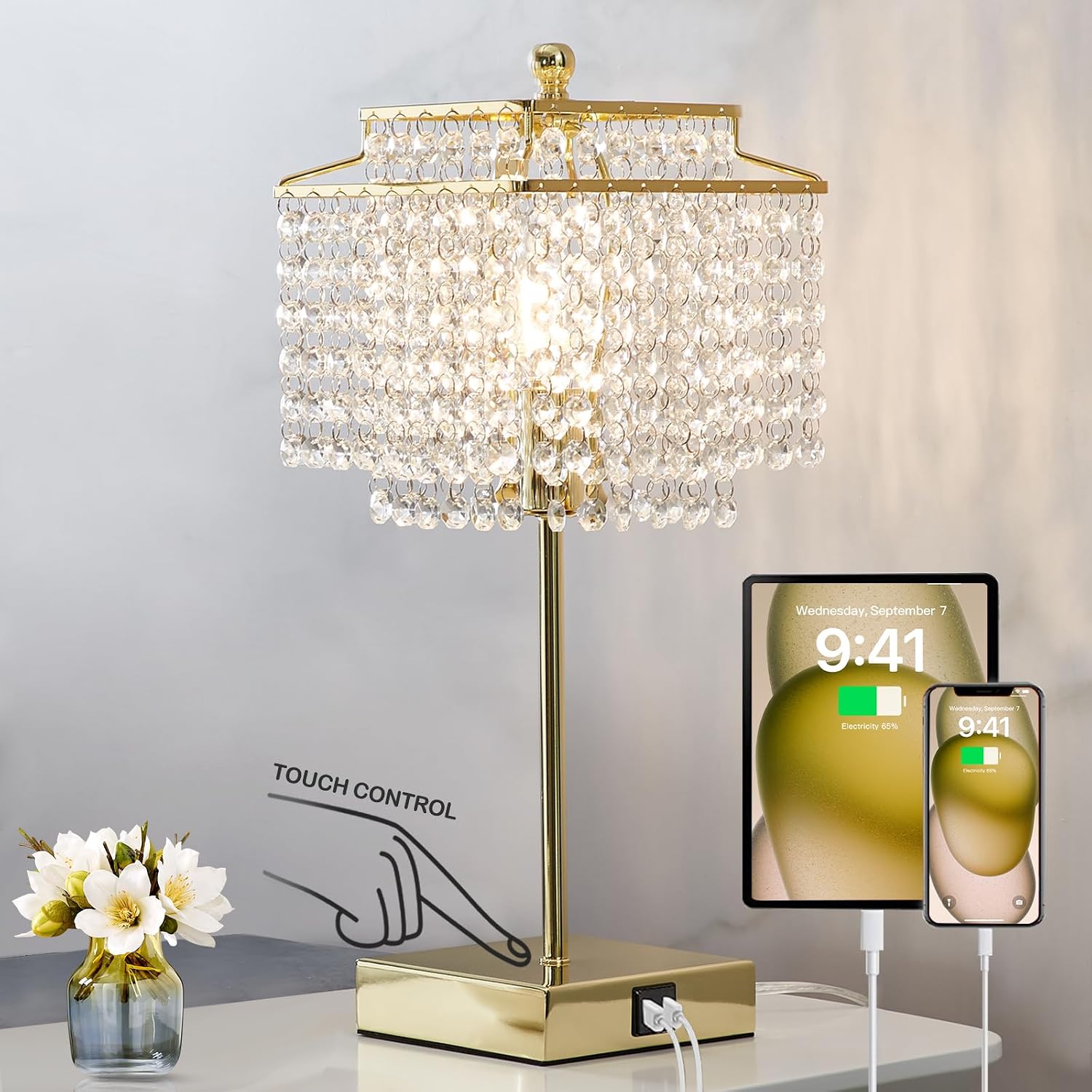 Crystal Table Lamp with USB C+A Ports for Nightstand Bedroom Living 