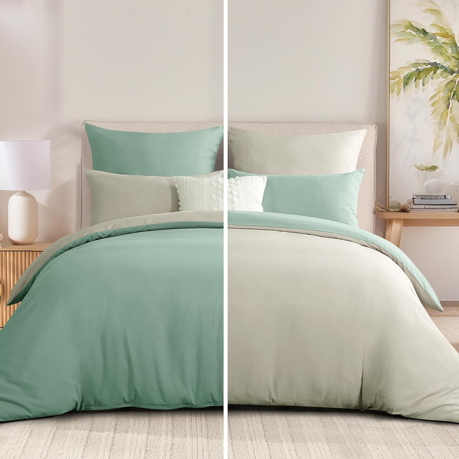 Sage Green King Size Duvet Cover Sets Beige - Reversible Green Duvet Cover Kingsize Bedding Set with Zip, Soft Brushed Microfibre King Bed Duvet Set Quilt Cover with 2 Pillowcases