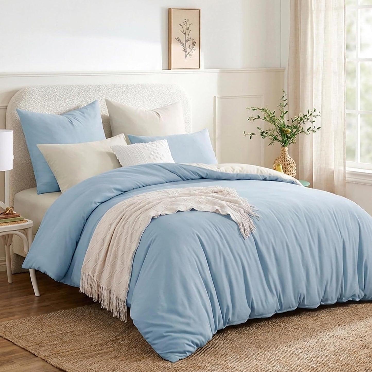 Blue King Size Duvet Cover Sets Beige - Reversible Baby Blue Duvet Cover Kingsize Bedding Set with Zip, Soft Brushed Microfibre King Bed Duvet Set Quilt Cover with 2 Pillowcases
