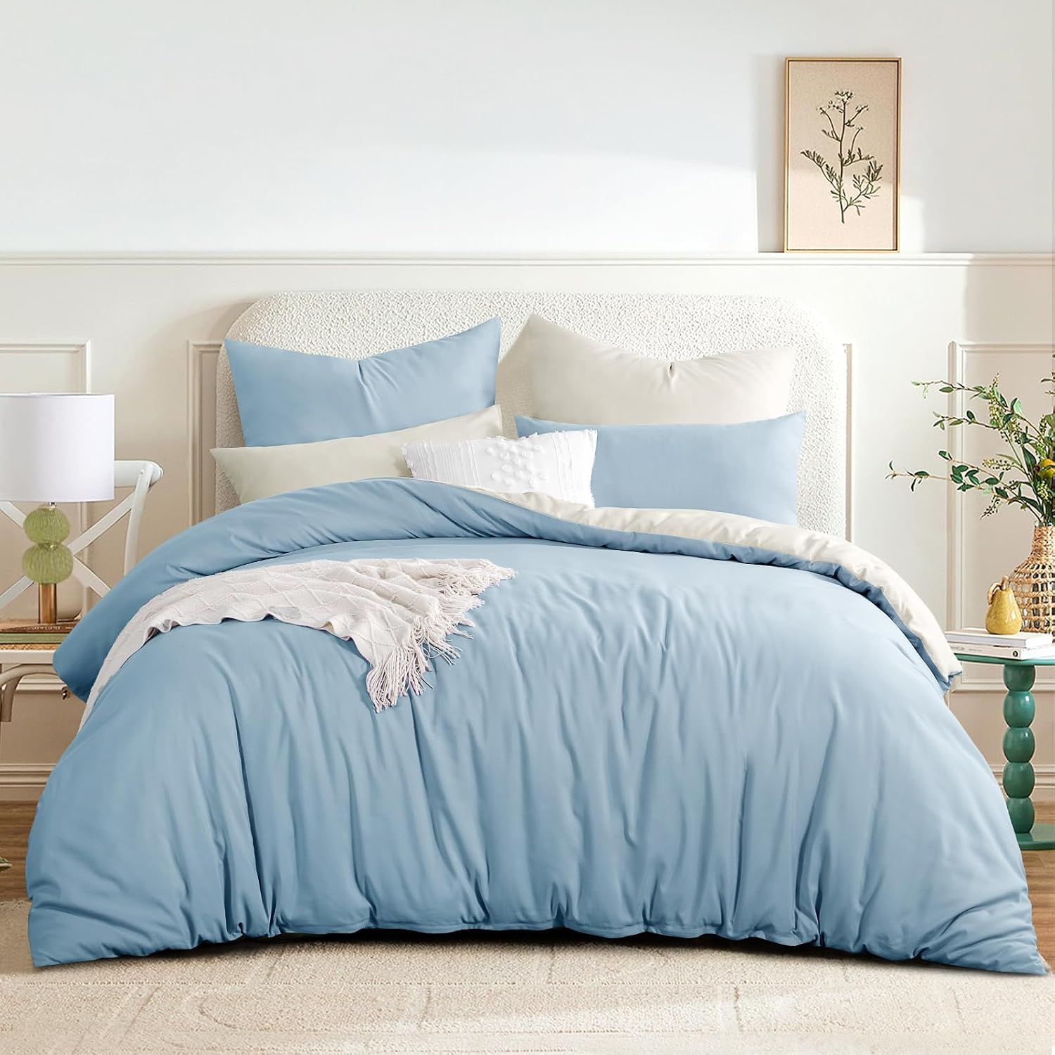 Blue King Size Duvet Cover Sets Beige - Reversible Baby Blue Duvet Cover Kingsize Bedding Set with Zip, Soft Brushed Microfibre King Bed Duvet Set Quilt Cover with 2 Pillowcases