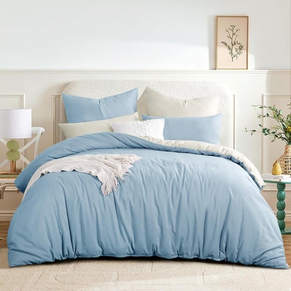 Blue King Size Duvet Cover Sets Beige - Reversible Baby Blue Duvet Cover Kingsize Bedding Set with Zip, Soft Brushed Microfibre King Bed Duvet Set Quilt Cover with 2 Pillowcases