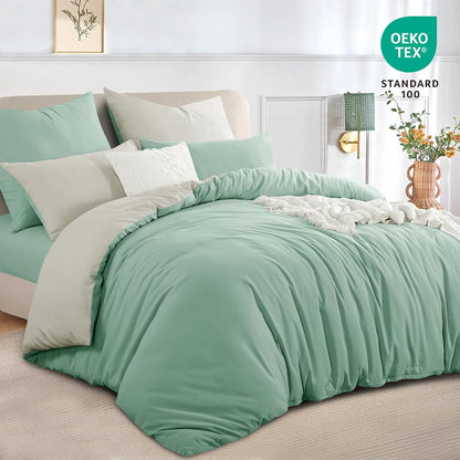 Sage Green King Size Duvet Cover Sets Beige - Reversible Green Duvet Cover Kingsize Bedding Set with Zip, Soft Brushed Microfibre King Bed Duvet Set Quilt Cover with 2 Pillowcases