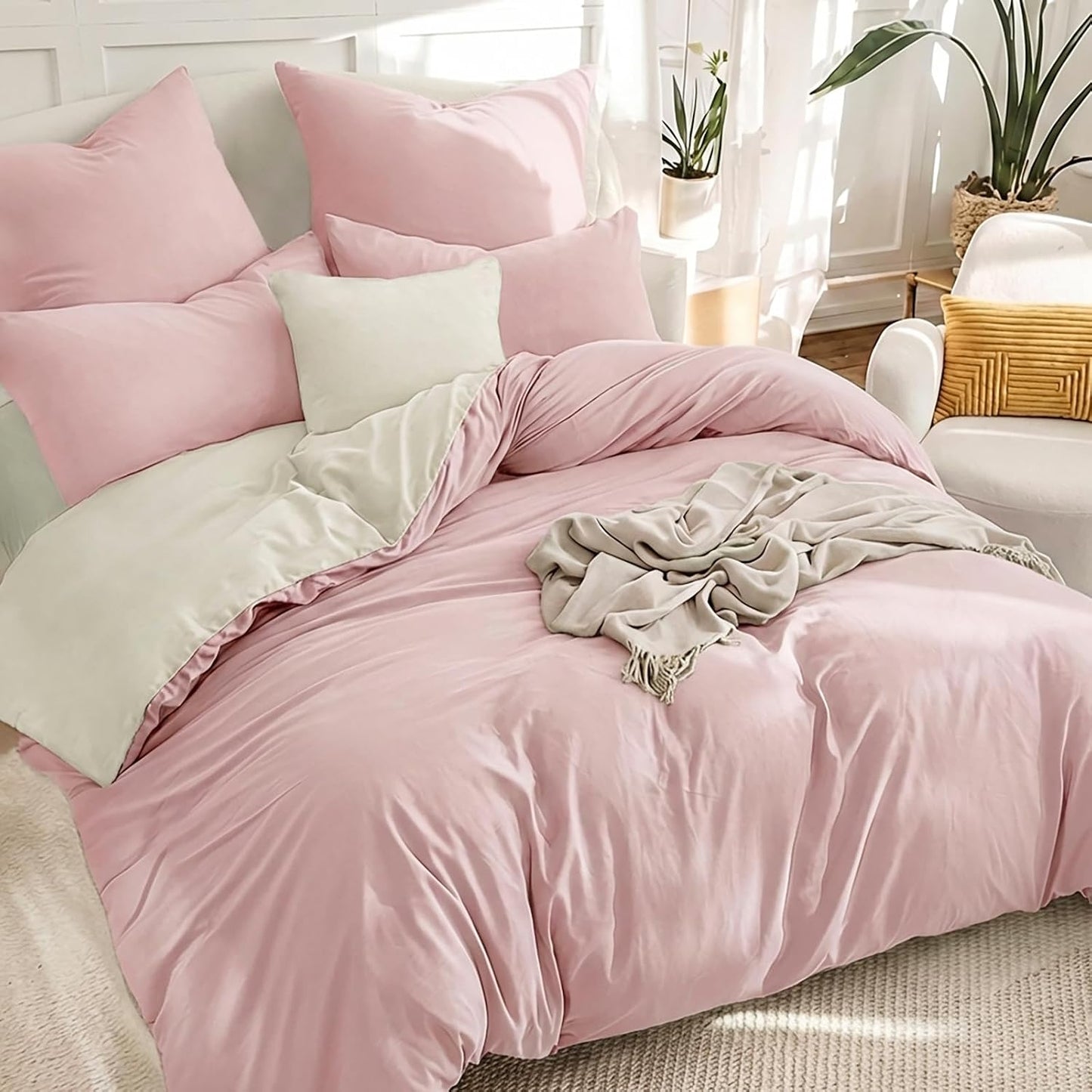 Rose Pink King Size Duvet Cover Sets Beige - Reversible Pink Duvet Cover Kingsize Bedding Set with Zip, Soft Brushed Microfibre King Bed Duvet Set Quilt Cover with 2 Pillowcases