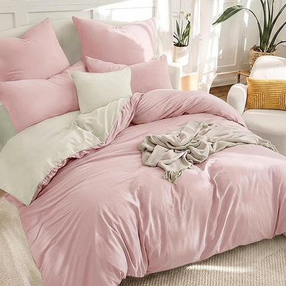 Rose Pink King Size Duvet Cover Sets Beige - Reversible Pink Duvet Cover Kingsize Bedding Set with Zip, Soft Brushed Microfibre King Bed Duvet Set Quilt Cover with 2 Pillowcases