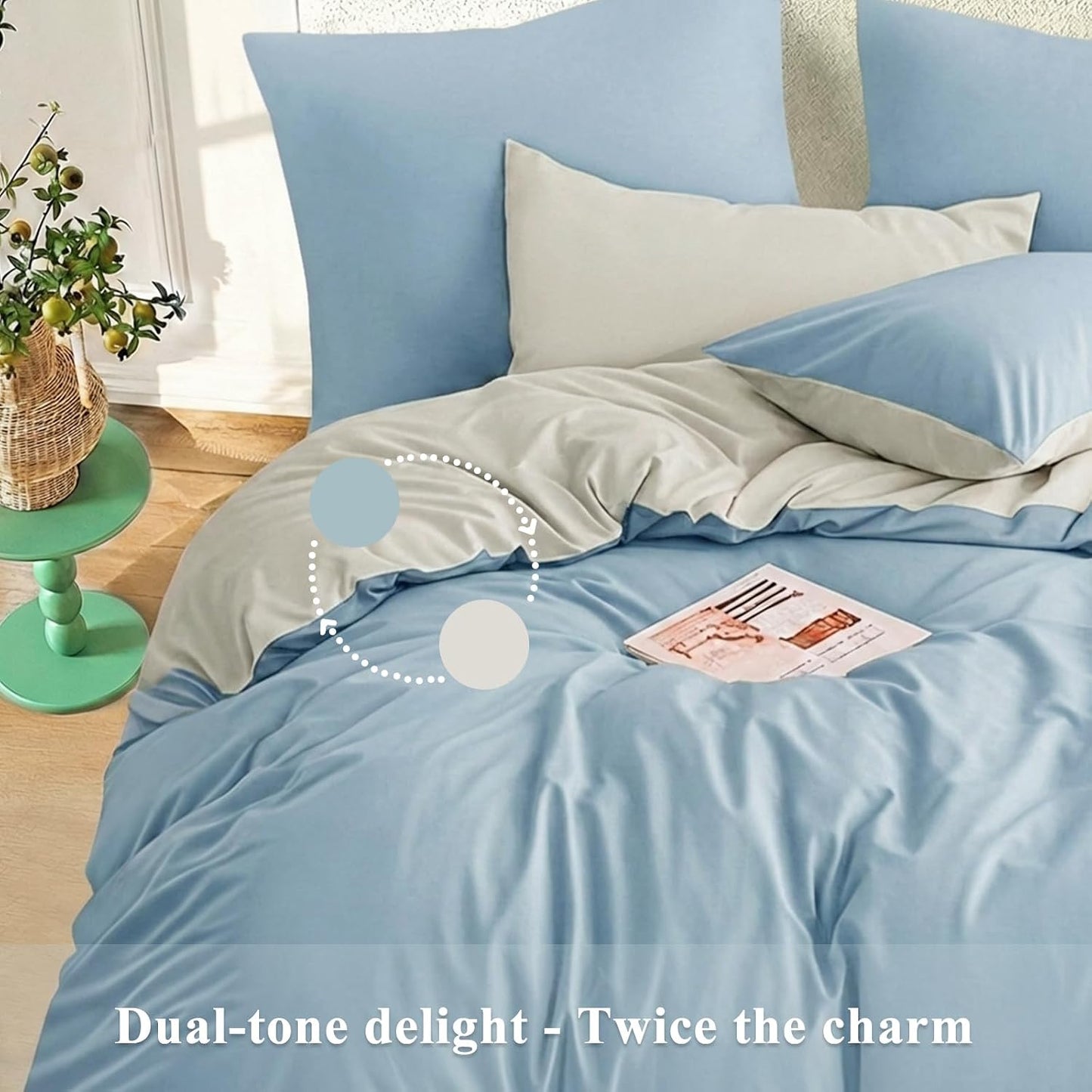 Blue King Size Duvet Cover Sets Beige - Reversible Baby Blue Duvet Cover Kingsize Bedding Set with Zip, Soft Brushed Microfibre King Bed Duvet Set Quilt Cover with 2 Pillowcases