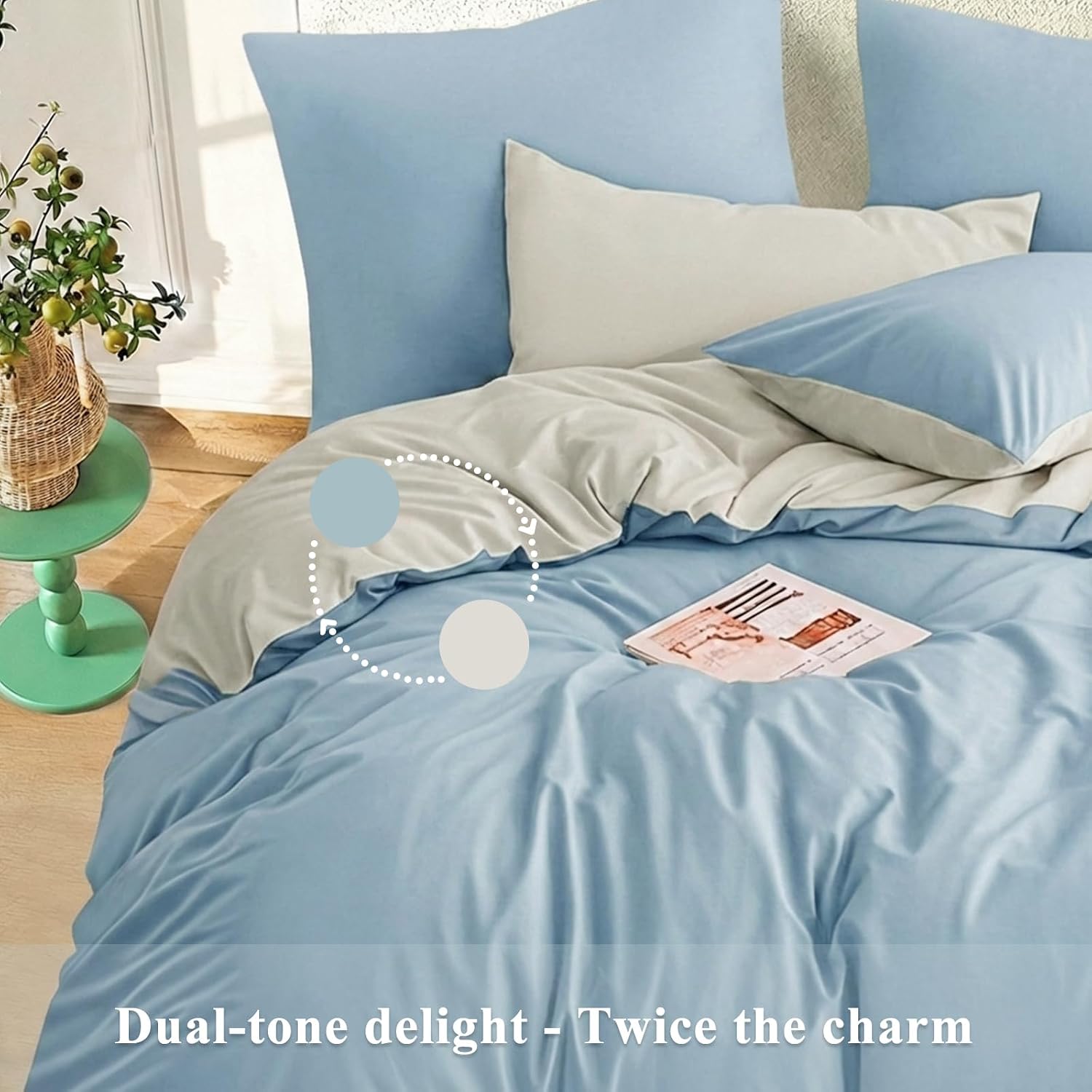 Blue King Size Duvet Cover Sets Beige - Reversible Baby Blue Duvet Cover Kingsize Bedding Set with Zip, Soft Brushed Microfibre King Bed Duvet Set Quilt Cover with 2 Pillowcases