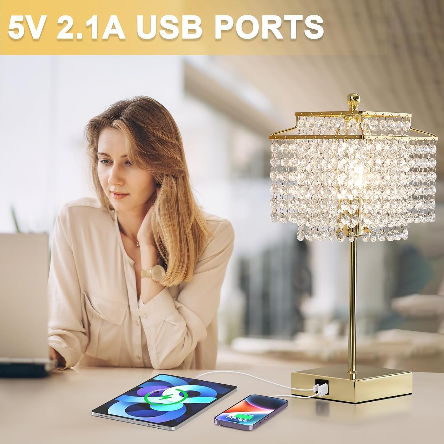 Crystal Table Lamp with USB C+A Ports for Nightstand Bedroom Living 