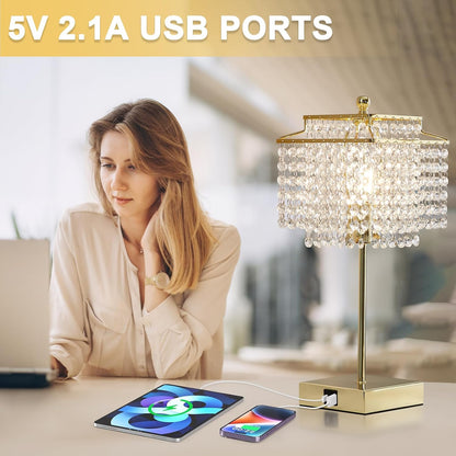 Crystal Table Lamp with USB C+A Ports for Nightstand Bedroom Living 