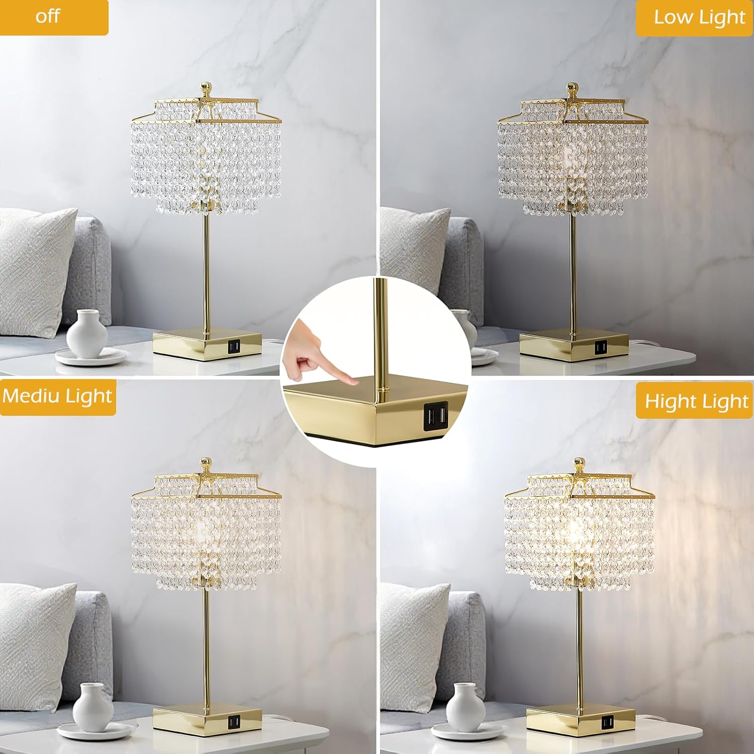 Crystal Table Lamp with USB C+A Ports for Nightstand Bedroom Living 