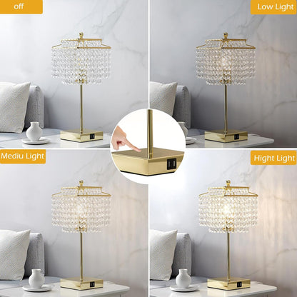 Crystal Table Lamp with USB C+A Ports for Nightstand Bedroom Living 