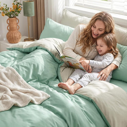 Sage Green King Size Duvet Cover Sets Beige - Reversible Green Duvet Cover Kingsize Bedding Set with Zip, Soft Brushed Microfibre King Bed Duvet Set Quilt Cover with 2 Pillowcases