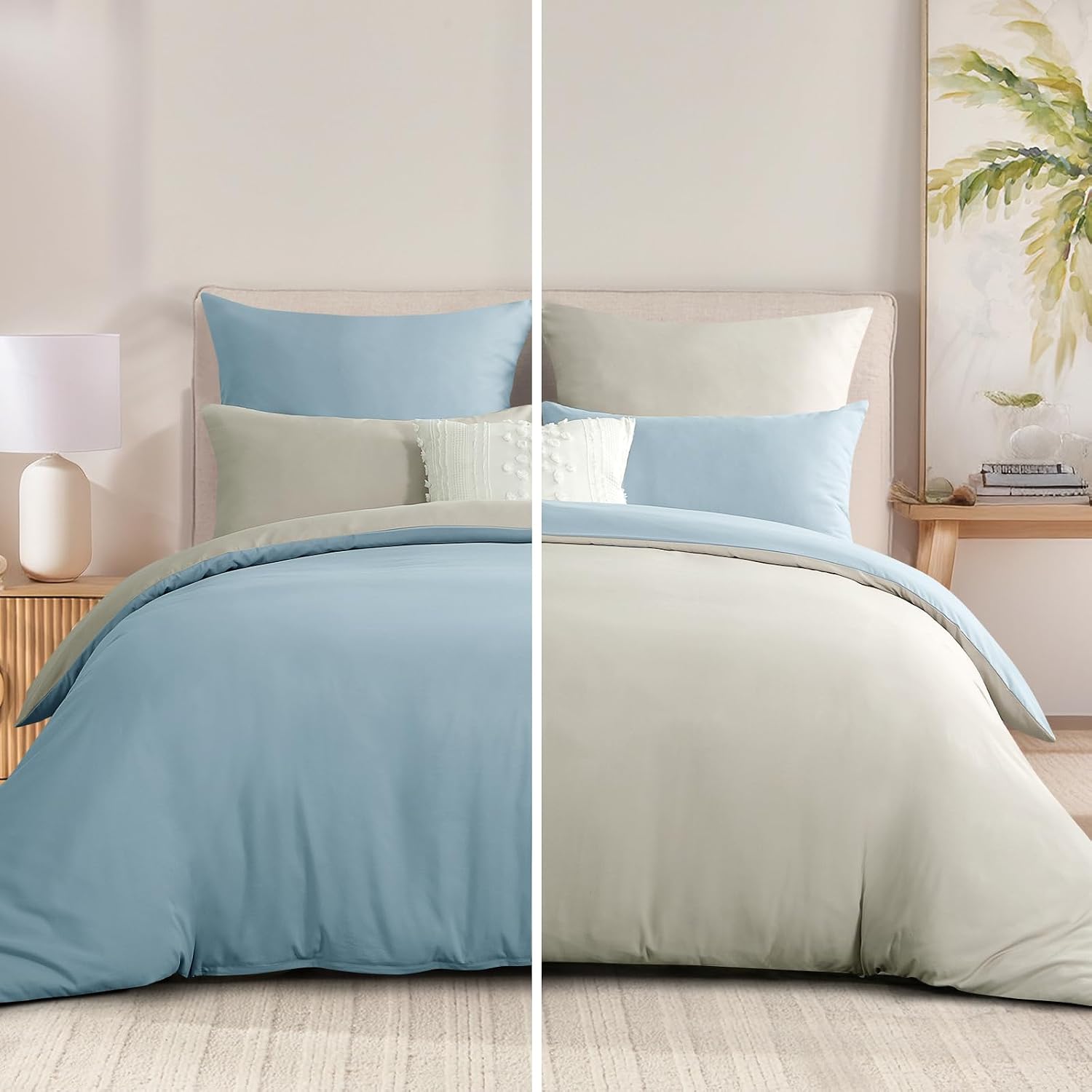 Blue King Size Duvet Cover Sets Beige - Reversible Baby Blue Duvet Cover Kingsize Bedding Set with Zip, Soft Brushed Microfibre King Bed Duvet Set Quilt Cover with 2 Pillowcases