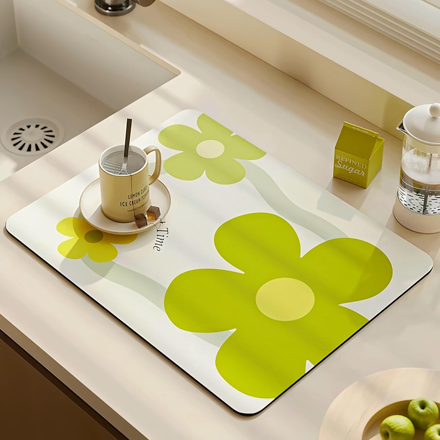 2 Self Drying Mat Set for Kitchen Counter, Coffee Machine, Dish Rack - Flower