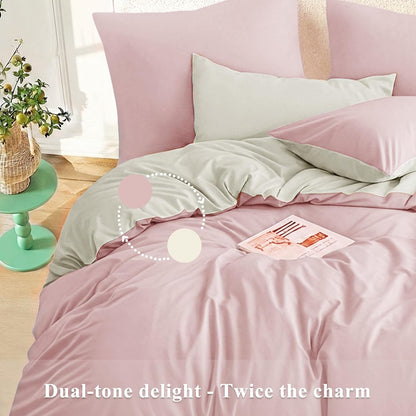 Rose Pink King Size Duvet Cover Sets Beige - Reversible Pink Duvet Cover Kingsize Bedding Set with Zip, Soft Brushed Microfibre King Bed Duvet Set Quilt Cover with 2 Pillowcases