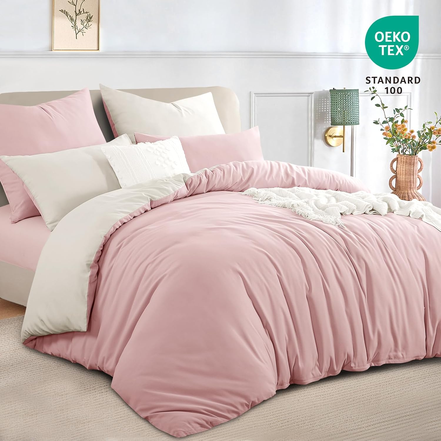 Rose Pink King Size Duvet Cover Sets Beige - Reversible Pink Duvet Cover Kingsize Bedding Set with Zip, Soft Brushed Microfibre King Bed Duvet Set Quilt Cover with 2 Pillowcases