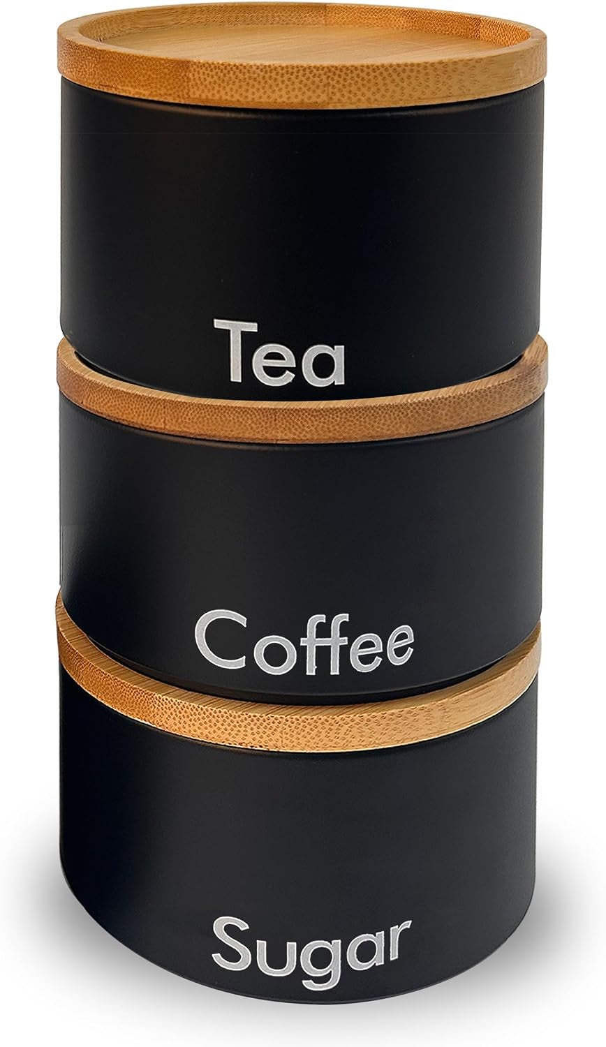 3 Tea Coffee Sugar Canister Set, Decorative Kitchen Food Storage Tin and Organisation Pantry Cupboard Organiser Stackable Containers with Bamboo Lids