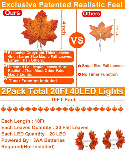 Halloween Fall Decor Enlarged Maple Leaf Garland Lights, Battery Operated Waterproof Cozy Autumn Decor for Indoor Outdoor Halloween Thanksgiving Harvest Party Home