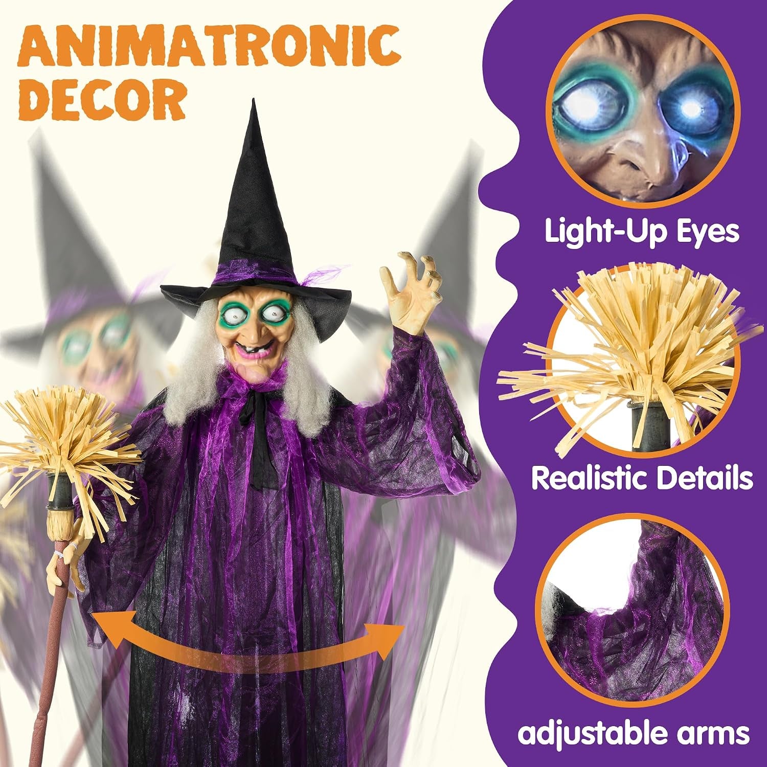 Halloween Animatronic Life Size Witch with Light-Up Eyes, Moving Arms & Head (Sound Activated) for Halloween Haunted House Prop Outdoor/Indoor Lawn Decorations