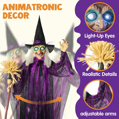Halloween Animatronic Life Size Witch with Light-Up Eyes, Moving Arms & Head (Sound Activated) for Halloween Haunted House Prop Outdoor/Indoor Lawn Decorations