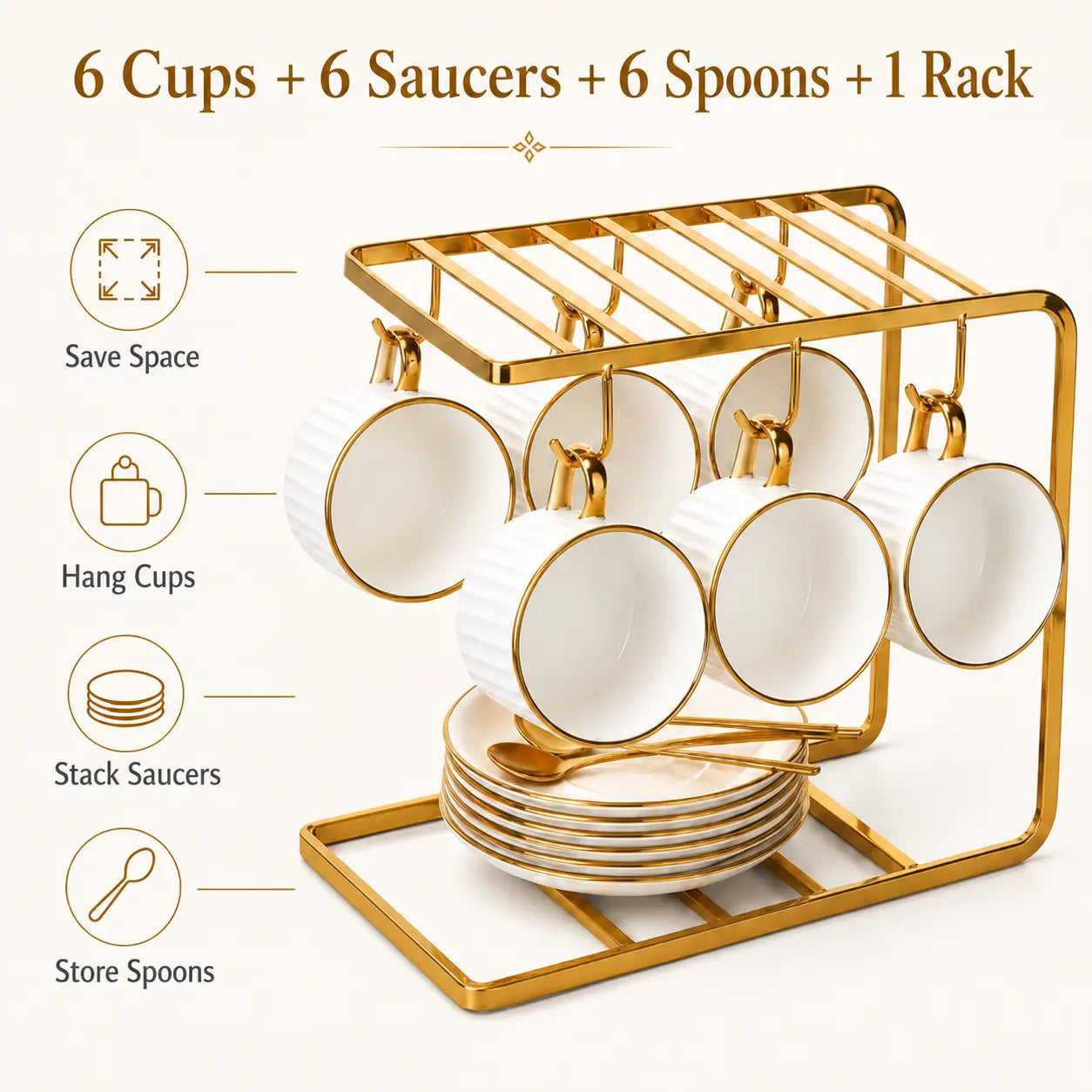 Luxury Ceramic 6-Piece Coffee Cup & Saucer Set with Gold Rack for Elegant Home & Afternoon Tea