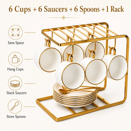 Luxury Ceramic 6-Piece Coffee Cup & Saucer Set with Gold Rack for Elegant Home & Afternoon Tea