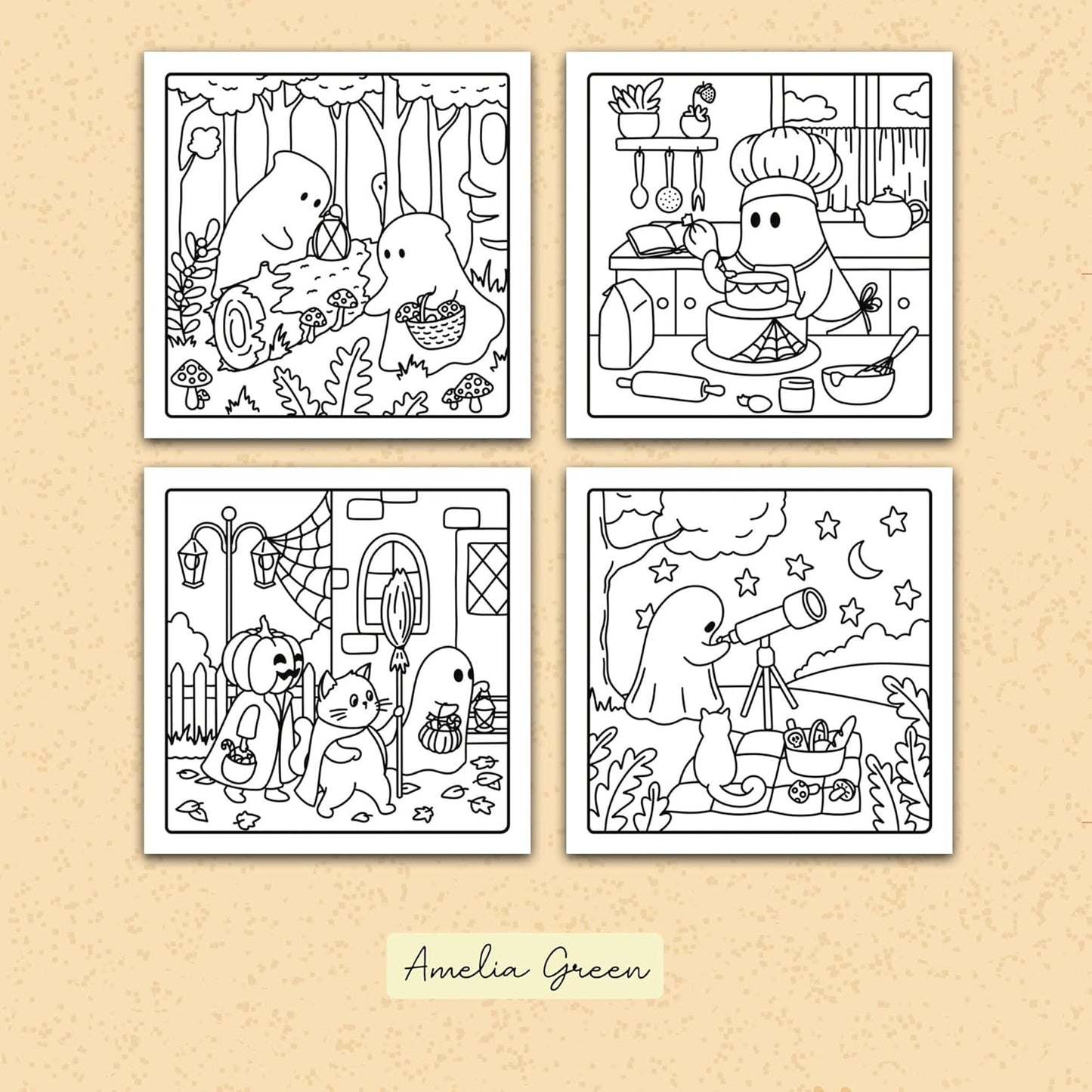 Halloween Cute & Simple Coloring Book for Adults and Teens Featuring Creepy Creatures and Cozy Hygge Scenes for Relaxation