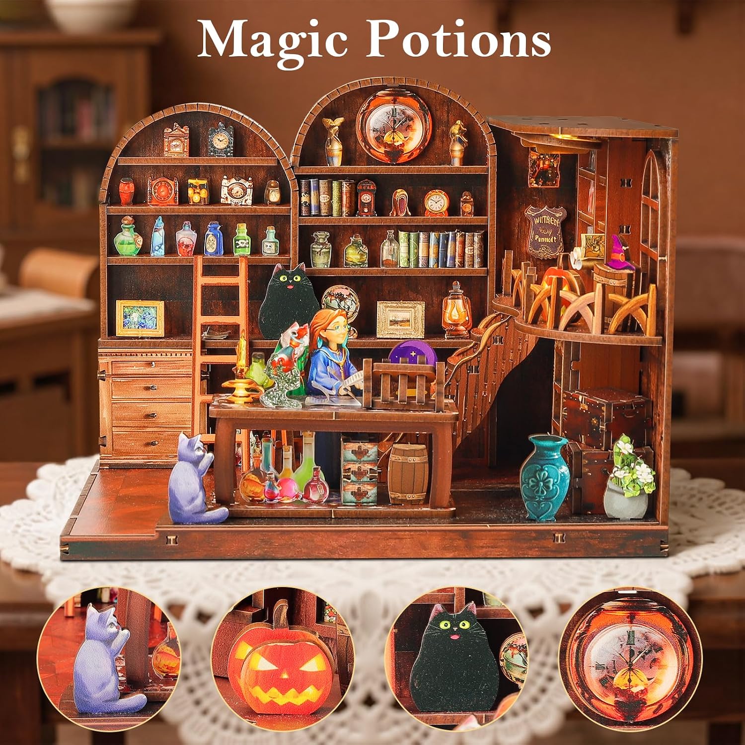 Halloween DIY Wooden Magic Potions Dollhouse Kit with LED, 3D Wooden Puzzle for Adult Teen, Home Decor