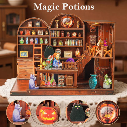 Halloween DIY Wooden Magic Potions Dollhouse Kit with LED, 3D Wooden Puzzle for Adult Teen, Home Decor