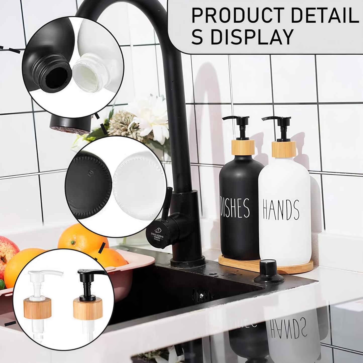 Glass Soap Dispenser Set for Hand and Dish Soap with Wooden Tray Includes Silicone Funnel & Dish Loofah for Kitchen Essentials