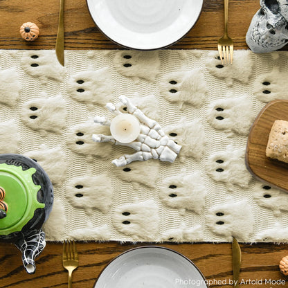 Halloween Soft Faux Fur Beige Ghost Table Runner Kitchen Dining Table Decoration for Home Party Decor