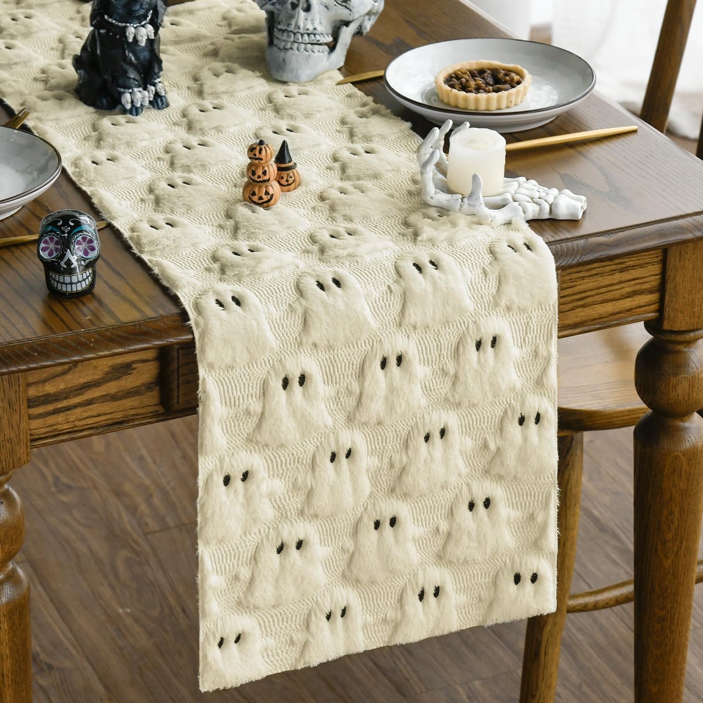 Halloween Soft Faux Fur Beige Ghost Table Runner Kitchen Dining Table Decoration for Home Party Decor