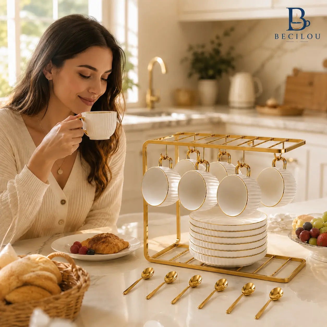 Luxury Ceramic 6-Piece Coffee Cup & Saucer Set with Gold Rack for Elegant Home & Afternoon Tea
