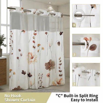 Floral Double Layer Shower Curtain, Hookless Installation, Waterproof Bathroom Decor Curtain