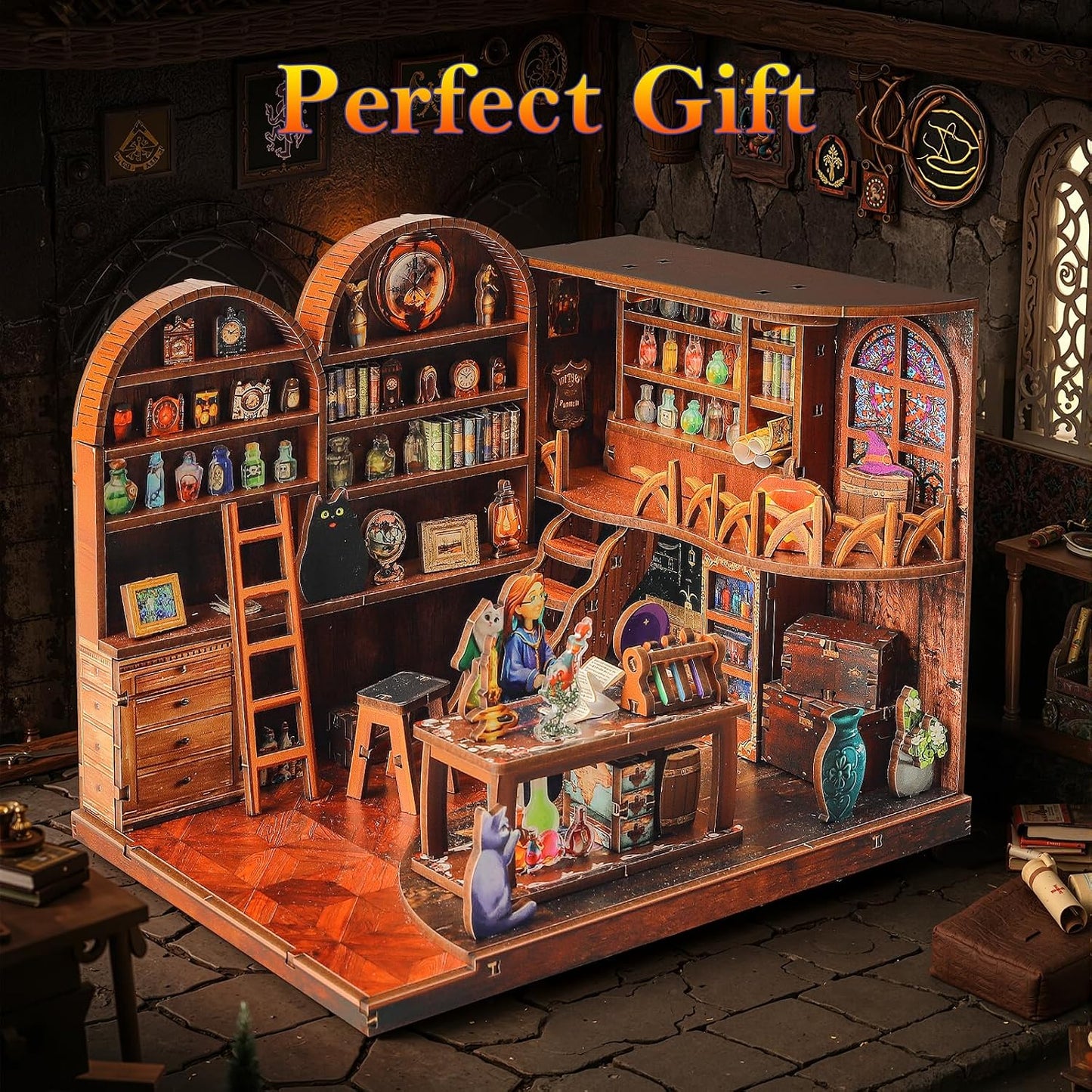 Halloween DIY Wooden Magic Potions Dollhouse Kit with LED, 3D Wooden Puzzle for Adult Teen, Home Decor