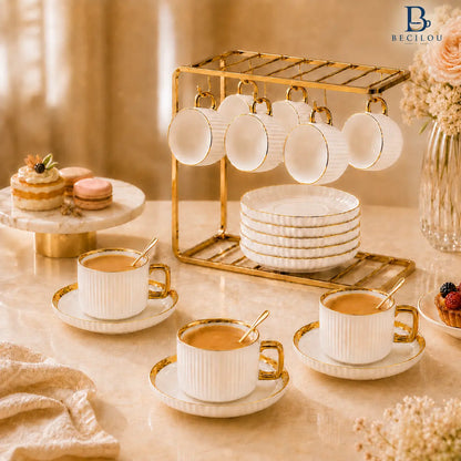 Luxury Ceramic 6-Piece Coffee Cup & Saucer Set with Gold Rack for Elegant Home & Afternoon Tea