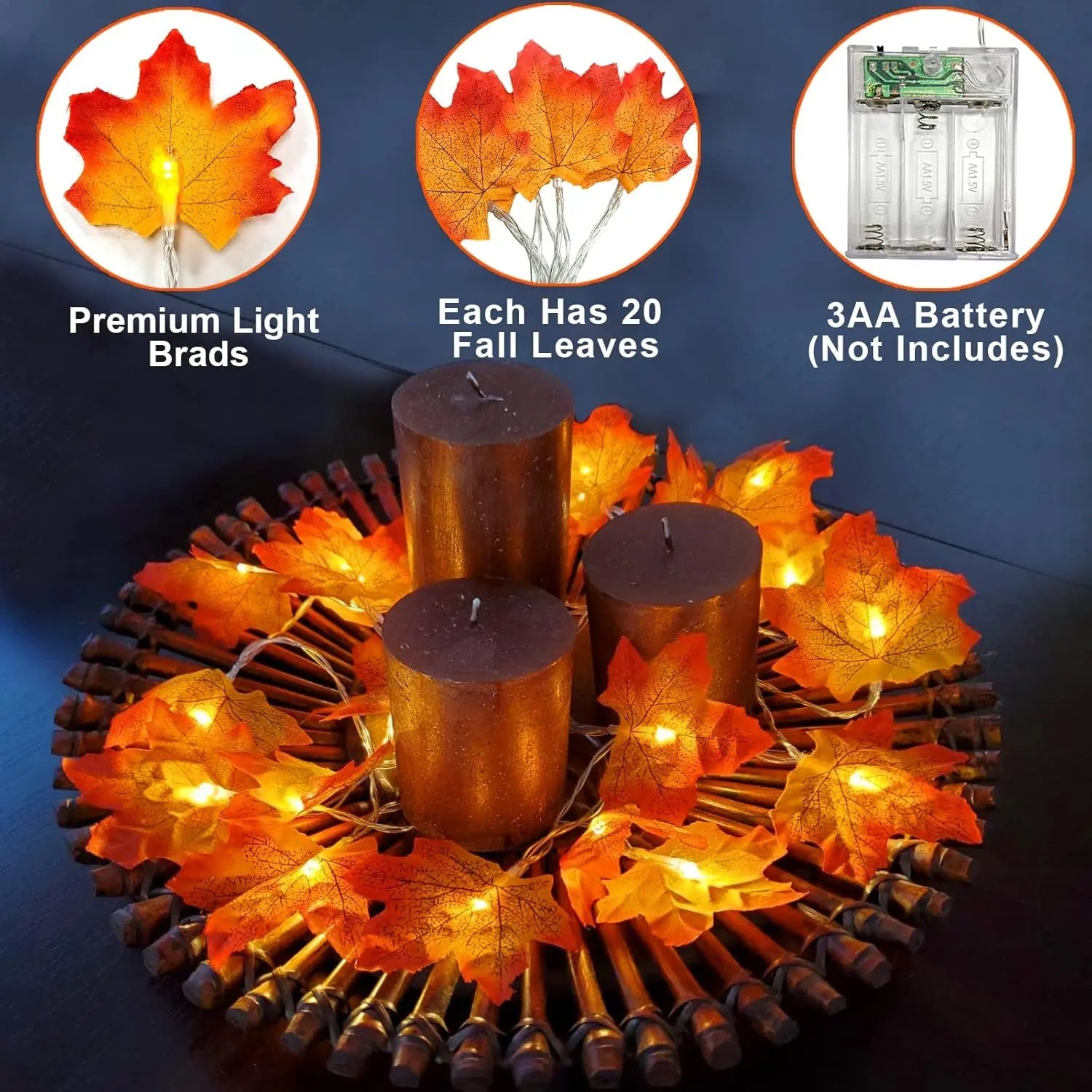 Halloween Fall Decor Enlarged Maple Leaf Garland Lights, Battery Operated Waterproof Cozy Autumn Decor for Indoor Outdoor Halloween Thanksgiving Harvest Party Home