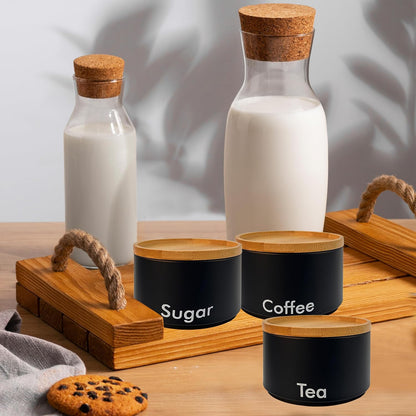 3 Tea Coffee Sugar Canister Set, Decorative Kitchen Food Storage Tin and Organisation Pantry Cupboard Organiser Stackable Containers with Bamboo Lids