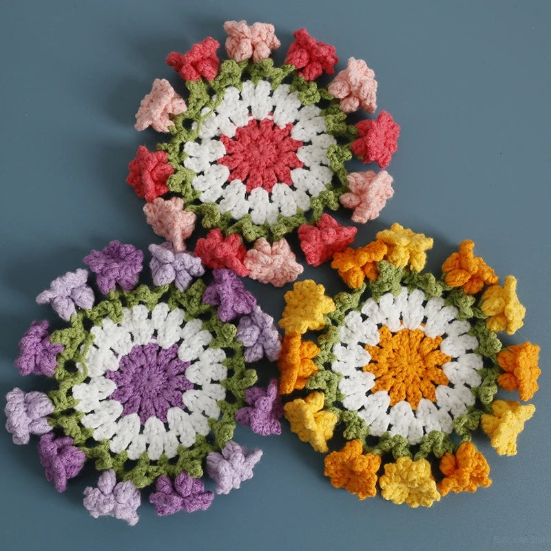 Crochet Flower Coaster Hand-Knitted Lily of the Valley round Coasters Heat Insulation Non-Slip Table Mats Home Kitchen Decor