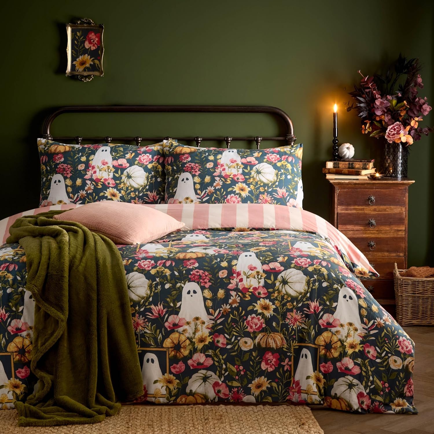 Cute Halloween Duvet Cover Set - Single Autumnal Floral Ghost Striped Halloween Polycotton Bedding