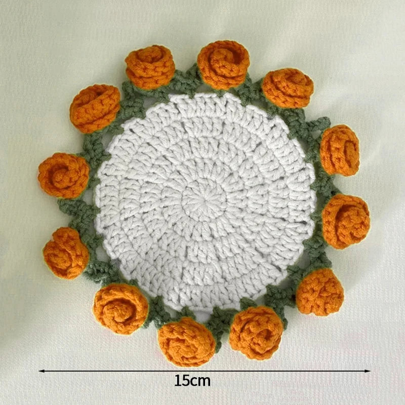 Crochet Flower Coaster Hand-Knitted Lily of the Valley round Coasters Heat Insulation Non-Slip Table Mats Home Kitchen Decor