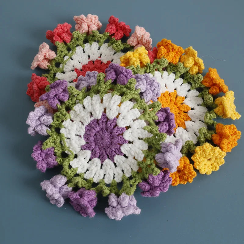 Crochet Flower Coaster Hand-Knitted Lily of the Valley round Coasters Heat Insulation Non-Slip Table Mats Home Kitchen Decor