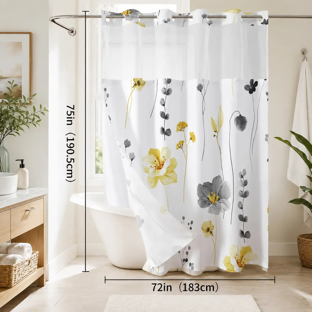 Floral Double Layer Shower Curtain, Hookless Installation, Waterproof Bathroom Decor Curtain