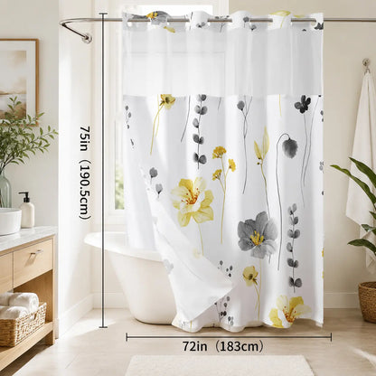 Floral Double Layer Shower Curtain, Hookless Installation, Waterproof Bathroom Decor Curtain