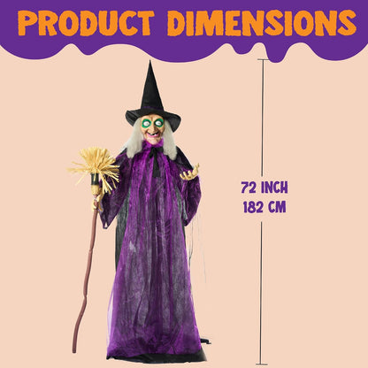 Halloween Animatronic Life Size Witch with Light-Up Eyes, Moving Arms & Head (Sound Activated) for Halloween Haunted House Prop Outdoor/Indoor Lawn Decorations