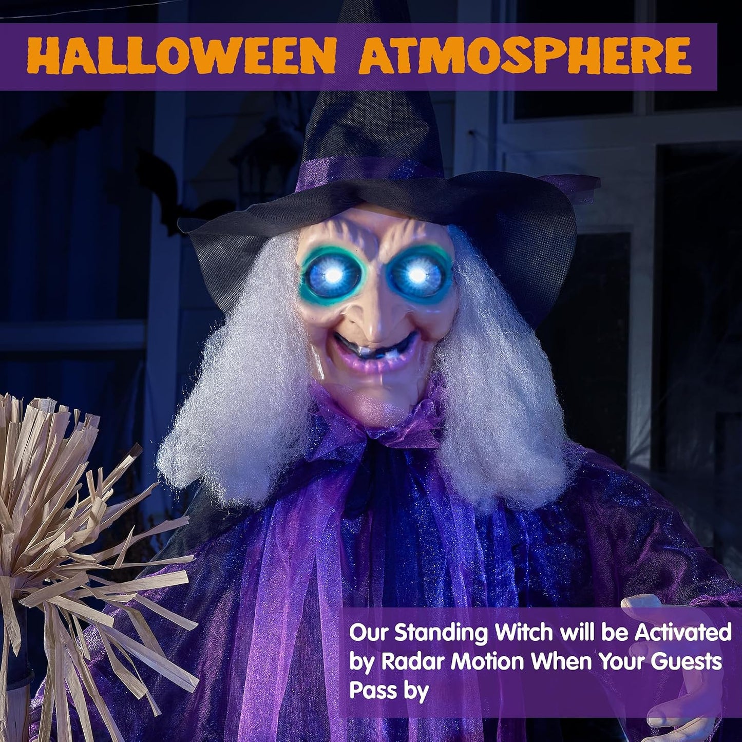 Halloween Animatronic Life Size Witch with Light-Up Eyes, Moving Arms & Head (Sound Activated) for Halloween Haunted House Prop Outdoor/Indoor Lawn Decorations