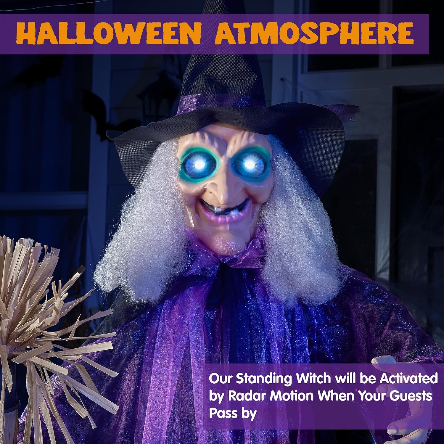 Halloween Animatronic Life Size Witch with Light-Up Eyes, Moving Arms & Head (Sound Activated) for Halloween Haunted House Prop Outdoor/Indoor Lawn Decorations